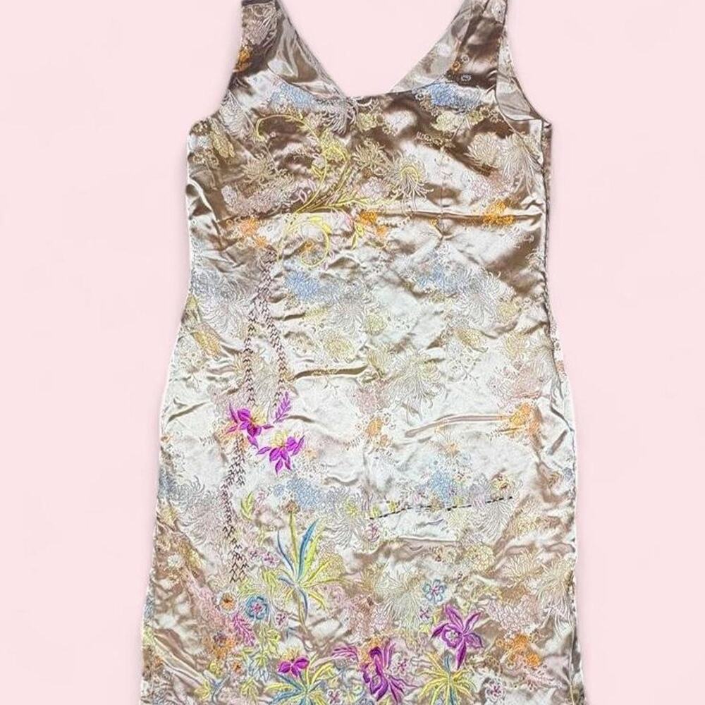 VINTAGE size 14 Gold Embroidered Mini Dress kimono oriental asian